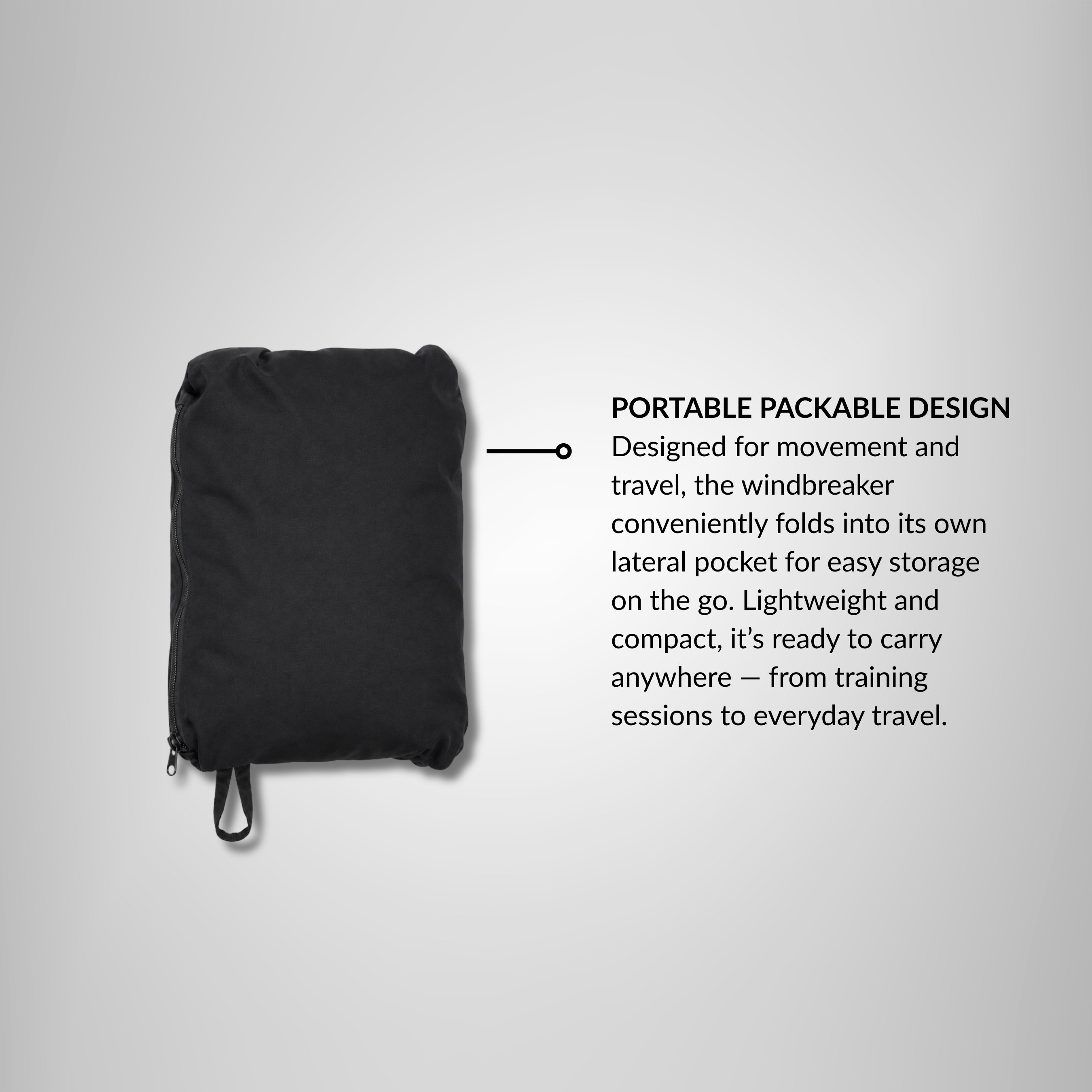 THR9VE PROCESS Lightweight Windbreaker in black — packable design shown folded