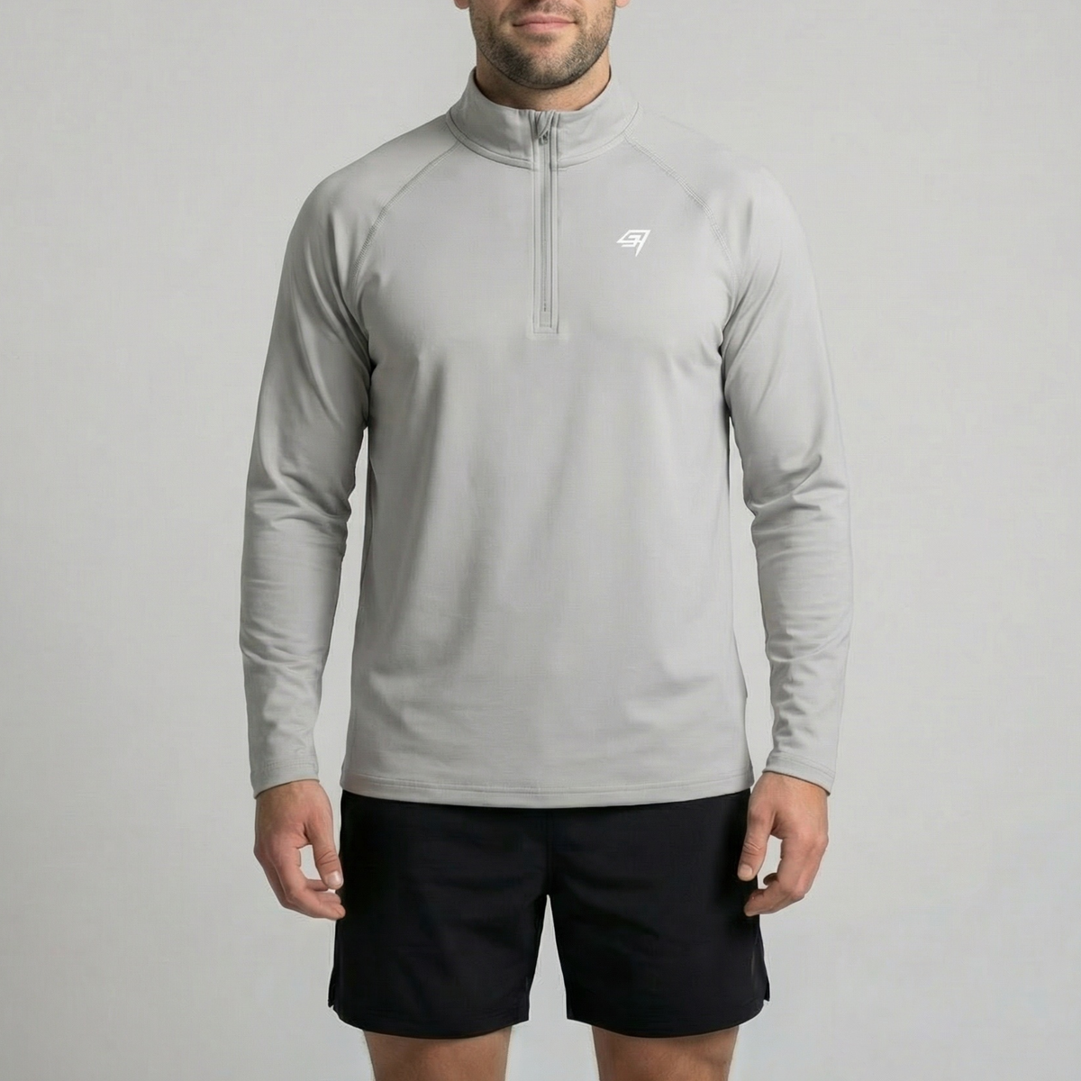 THR9VE PROCESS Performance Half-Zip Long Sleeve in light grey — front view on model