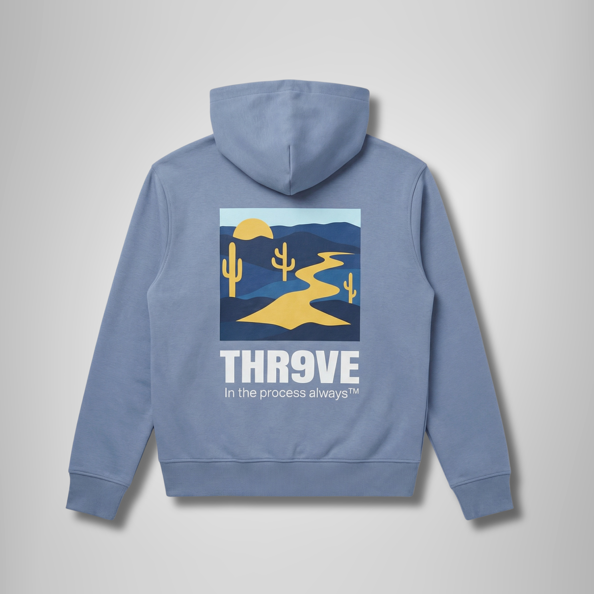 THR9VE Organic Cotton Hoodie in dusty sky blue — back view, lifestyle shot 3