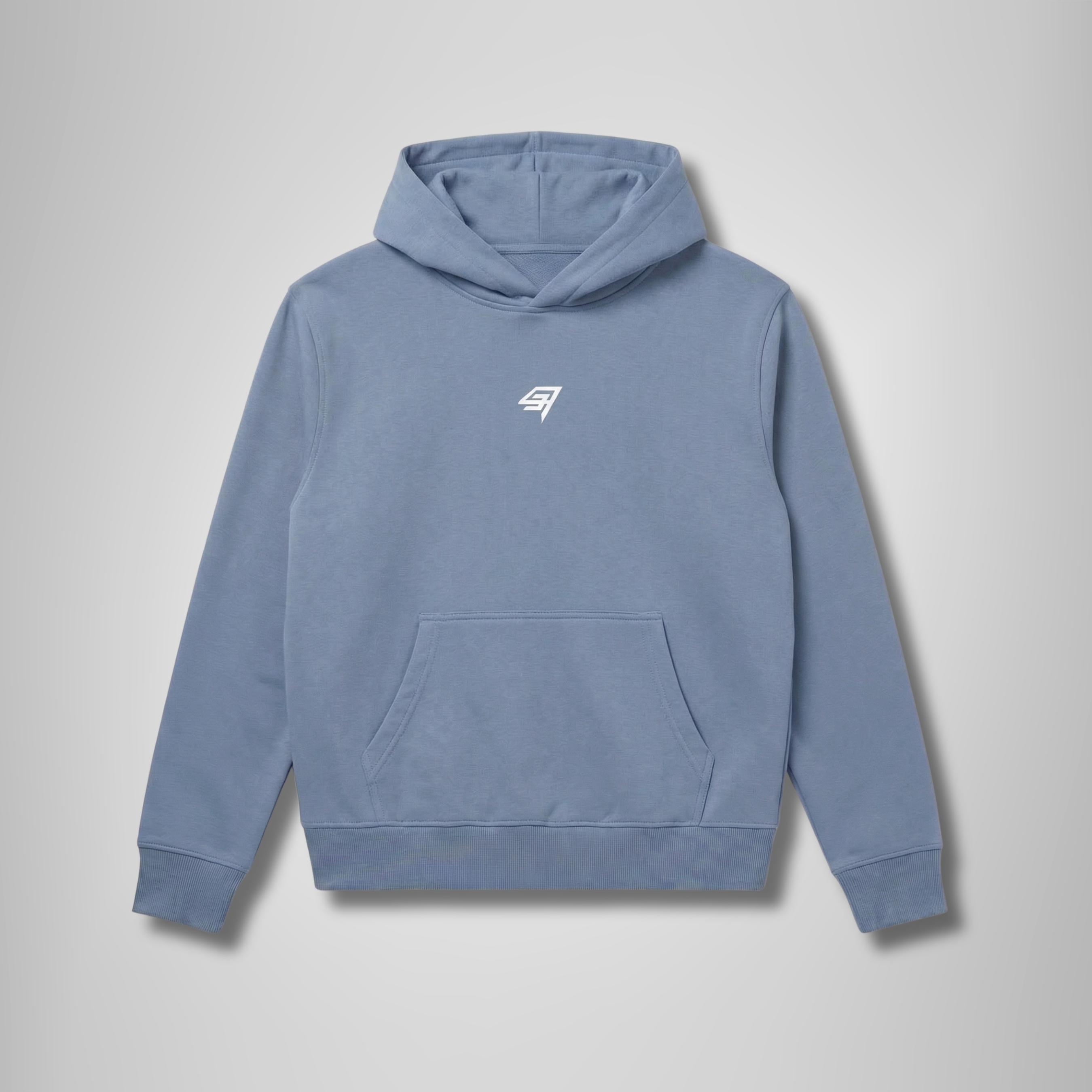 THR9VE Organic Cotton Hoodie in dusty sky blue — front view, lifestyle shot 2